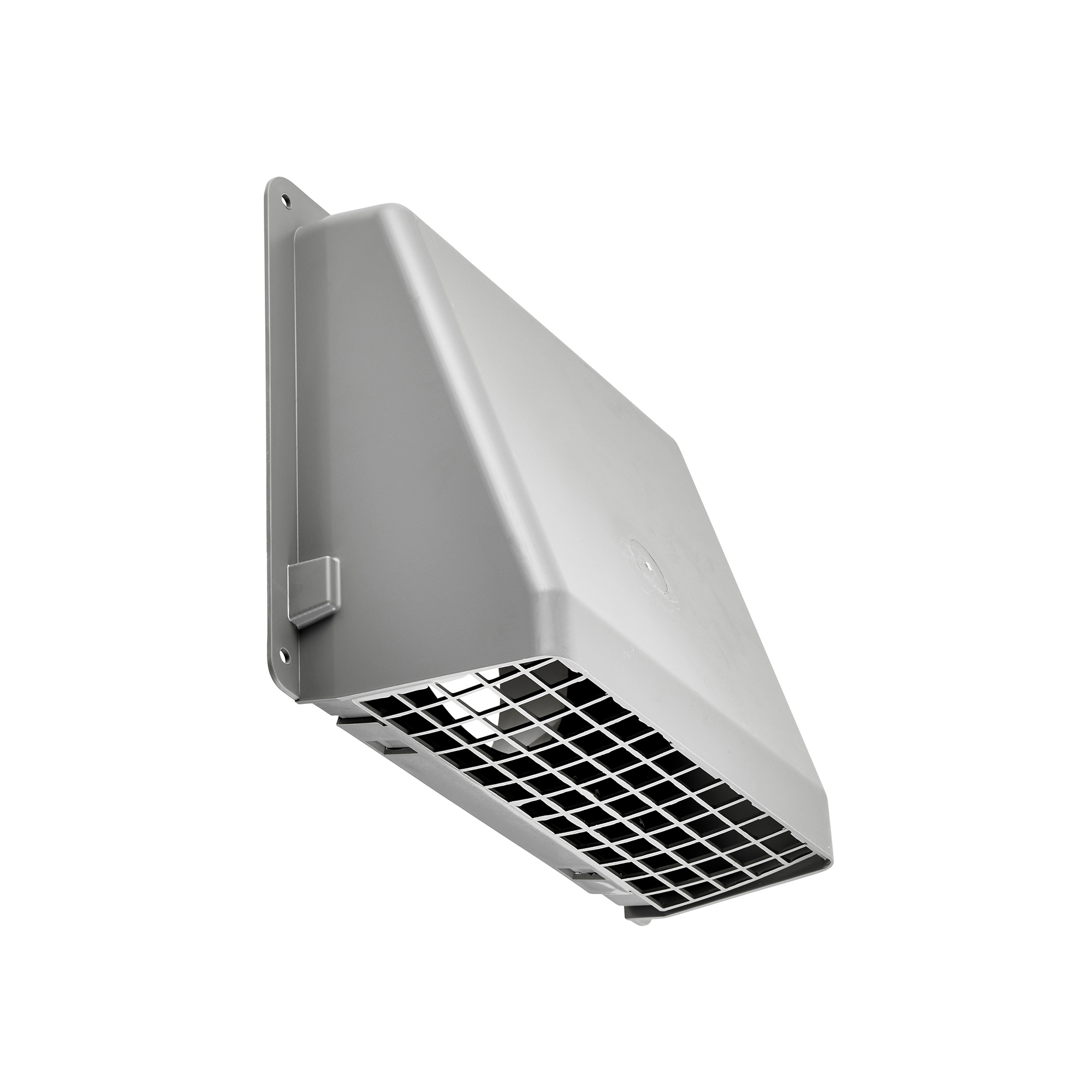 6 inch Gray Plastic Wall Exhaust Hood Bath Fan Vent - Spring Controlled Damper - Screen - Angle