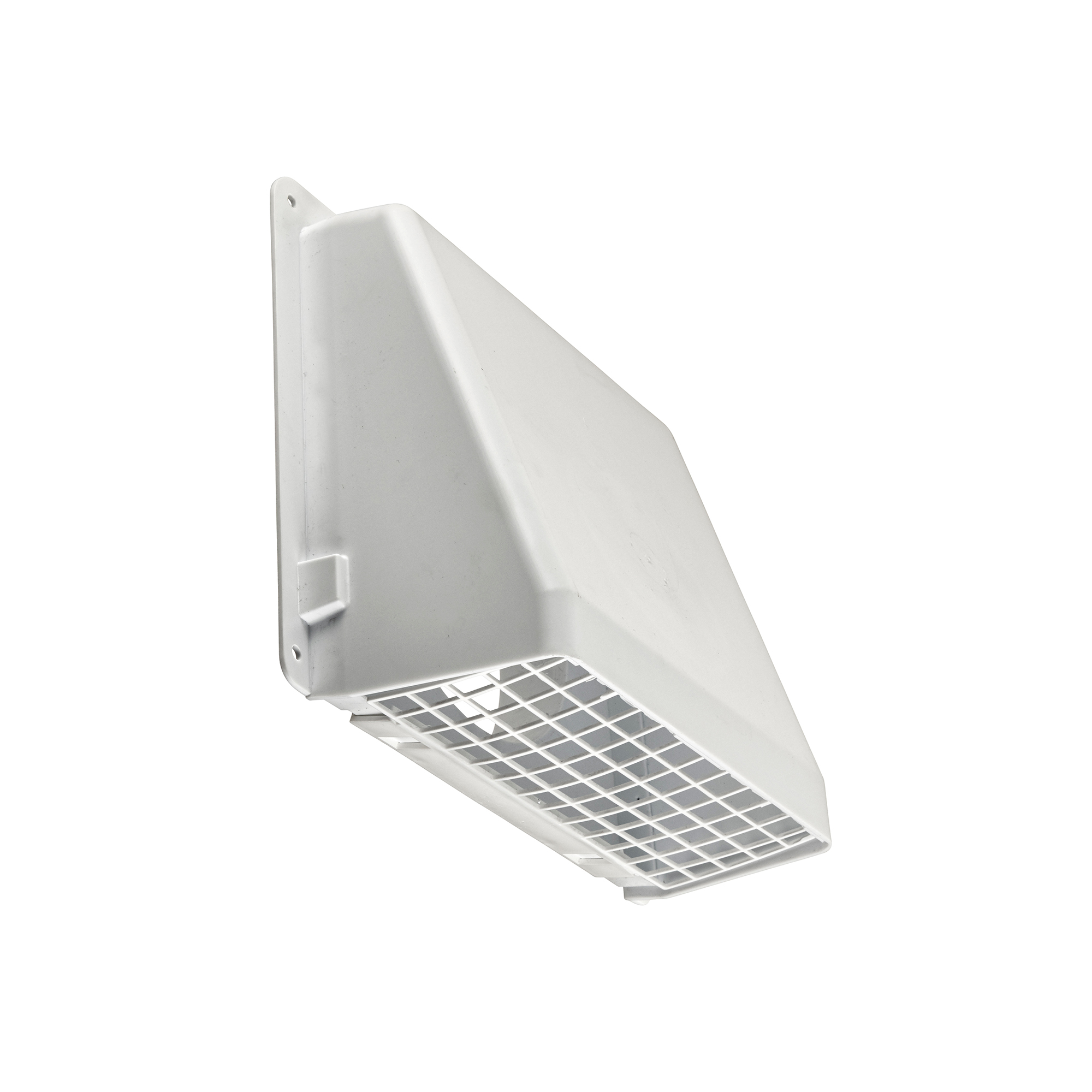 White Plastic Wall Exhaust Hood Bath Fan Vent - Spring Controlled Damper - Screen - Angle